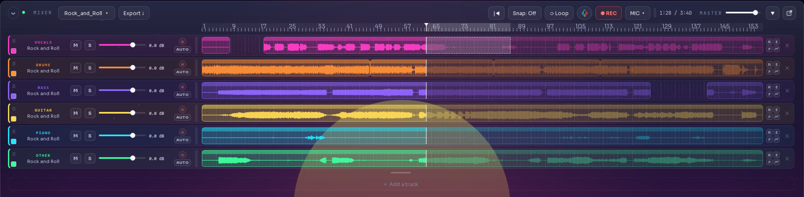 Stems cut into clips on the mixer timeline